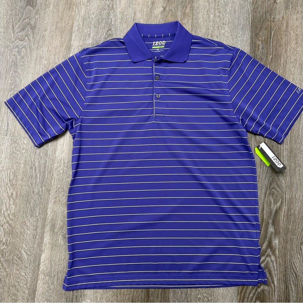 NWT IZOD Men's SZ Sm purple and white Striped PERFORMANCE golf polo